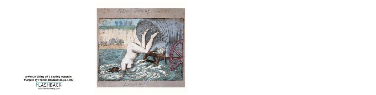 A woman diving off a bathing wagon in to the sea in Margate by Thomas Rowlandson ca. 1800 - Square Greeting Card