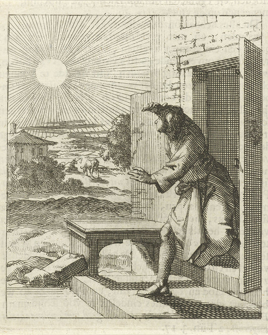 Man protects his eyes from the sun when he walks outside by Jan Luyken, 1689