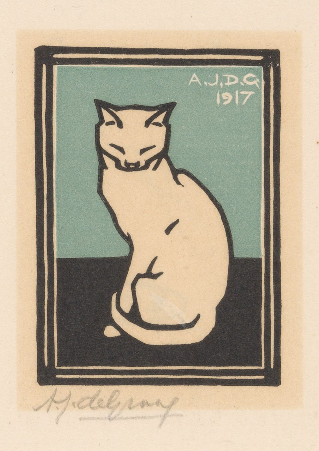 Zittende kat met gesloten ogen Julie de Graag (signed by artist), 1917