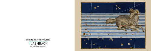 A framed art print or poster shown against a beige background, featuring a blue and white striped composition with a gray-brown ram and scattered gold dots. The left side includes text reading 'Aries by Johann Bayer, 1603' and 'FLASHBACK'.