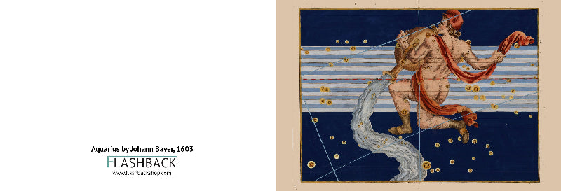 A vintage-style art print featuring a zodiac illustration labeled 'Aquarius by Johann Bayer, 1603' with a FLASHBACK watermark. The artwork shows a muscular male figure in flowing red drapery against a deep blue starry background with gold stars and a silver-blue horizontal band.
