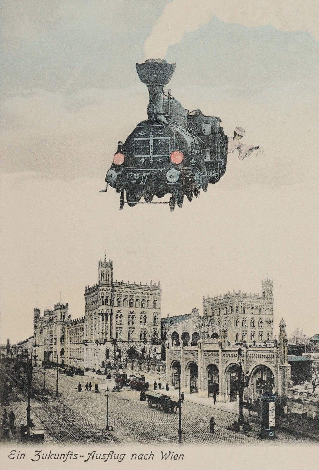 A book or publication cover featuring a sepia-toned architectural illustration on the right side and black text on a white left side reading 'A future excursion to Vienna by Kohn Brothers, c. 1910' and 'FLASHBACK'.
