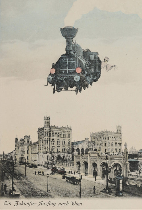 A book or publication cover featuring a sepia-toned architectural illustration on the right side and black text on a white left side reading 'A future excursion to Vienna by Kohn Brothers, c. 1910' and 'FLASHBACK'.
