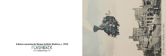 A book or publication cover featuring a sepia-toned architectural illustration on the right side and black text on a white left side reading 'A future excursion to Vienna by Kohn Brothers, c. 1910' and 'FLASHBACK'.