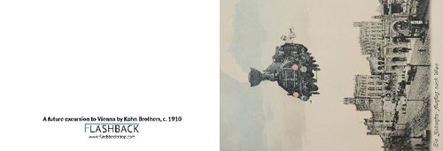 A book or publication cover featuring a sepia-toned architectural illustration on the right side and black text on a white left side reading 'A future excursion to Vienna by Kohn Brothers, c. 1910' and 'FLASHBACK'.