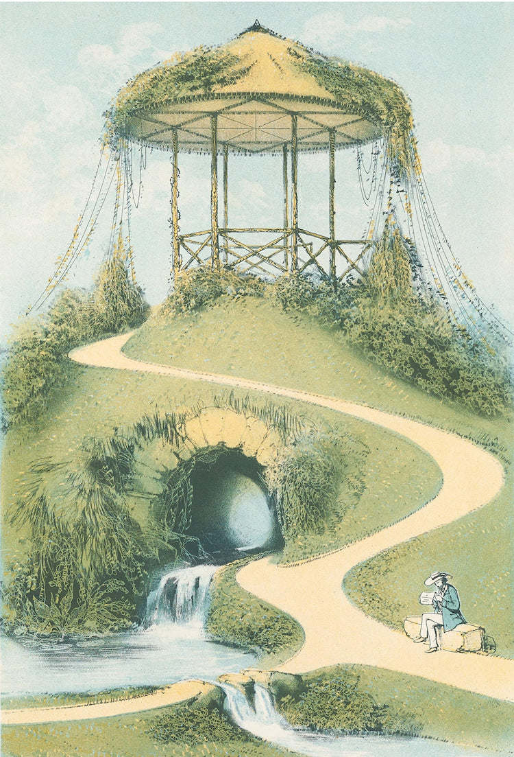 Una gruta y un pabellón de construcción elaborada de Parques y jardines de los alrededores de París (década de 1850) de Victor Petit - Postal