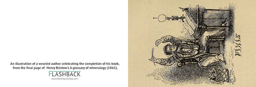 An illustration of a wearied author celebrating the completion of his book, from the final page of  Henry Bristow’s A glossary of mineralogy (1861) - postcard
