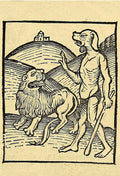 An illustration of some type of dog person having an apparently blasé interaction with a lion from Johann Prüss’s Ortus sanitatis [approx. 1497] - Postcard