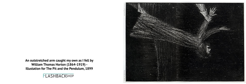 An outstretched arm caught my own as I fell, illustration from The Pit and The Pendulum by William Thomas Horton, 1899 - Postcard