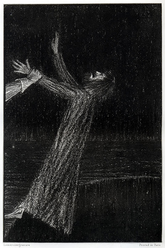 An outstretched arm caught my own as I fell, illustration from The Pit and The Pendulum by William Thomas Horton, 1899 - Postcard