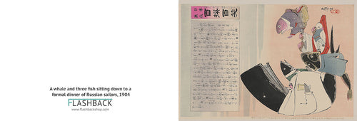 A whale and three fish sitting down to a formal dinner of Russian sailors, 1904 - Postcard