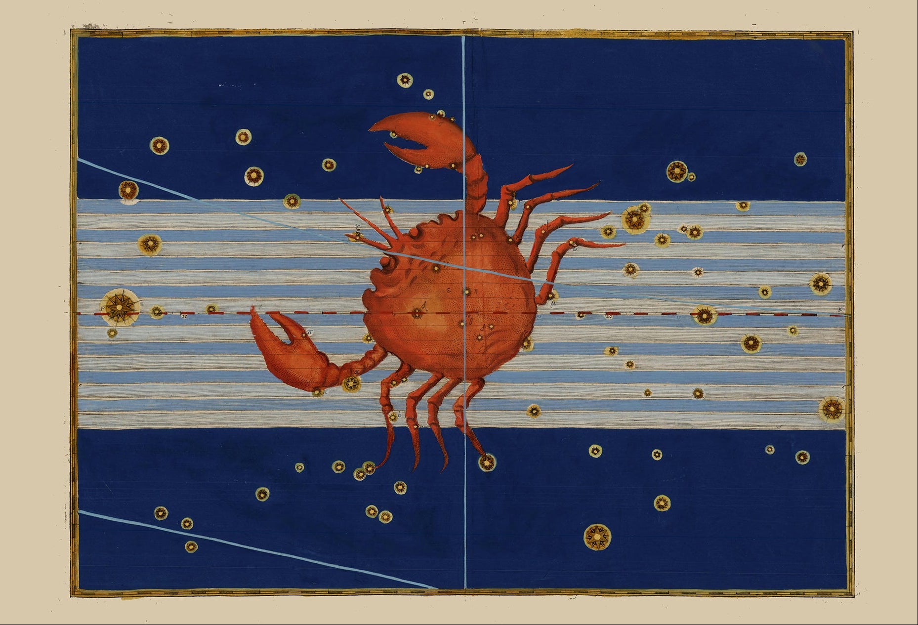 A square art print or panel showing a crab motif on a blue and white striped background with gold stars, displayed beside text reading 'Cancer by Johann Bayer, 1603' and 'FLASHBACK'.