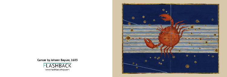 A square art print or panel showing a crab motif on a blue and white striped background with gold stars, displayed beside text reading 'Cancer by Johann Bayer, 1603' and 'FLASHBACK'.