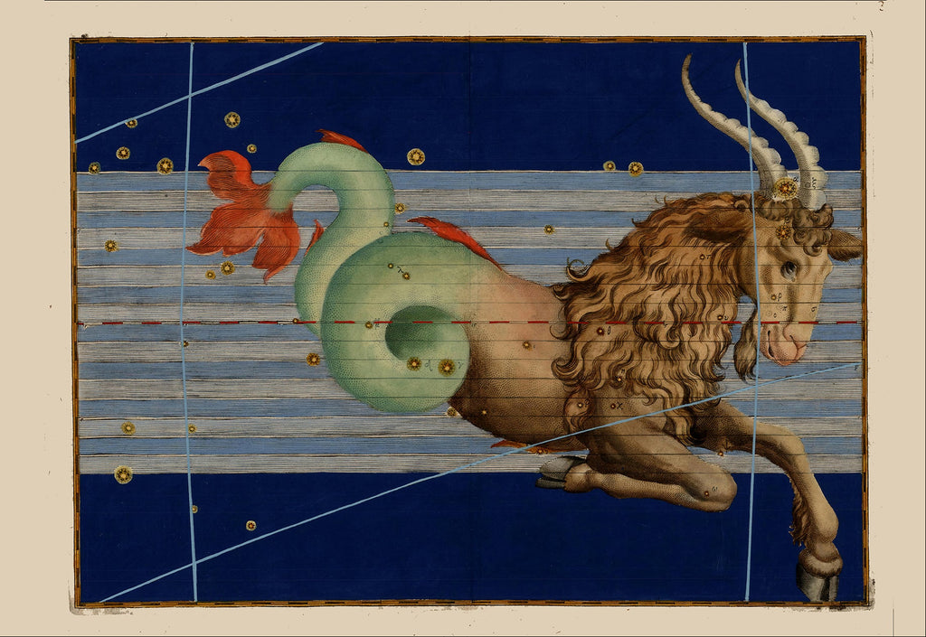 A product listing image for a 'Flashback' art print featuring Johann Bayer's 1605 painting of the Capricorn zodiac. The layout is split, with the left side displaying the text 'Capricorn by Johann Bayer, 1605 FLASHBACK' on a white background, and the right side showing the square art print itself with a beige border, depicting a capricorn ram against a deep blue starry background with a green serpent.