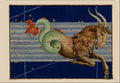 A product listing image for a 'Flashback' art print featuring Johann Bayer's 1605 painting of the Capricorn zodiac. The layout is split, with the left side displaying the text 'Capricorn by Johann Bayer, 1605 FLASHBACK' on a white background, and the right side showing the square art print itself with a beige border, depicting a capricorn ram against a deep blue starry background with a green serpent.
