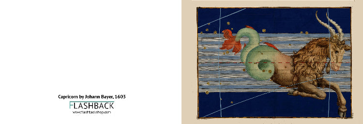 A product listing image for a 'Flashback' art print featuring Johann Bayer's 1605 painting of the Capricorn zodiac. The layout is split, with the left side displaying the text 'Capricorn by Johann Bayer, 1605 FLASHBACK' on a white background, and the right side showing the square art print itself with a beige border, depicting a capricorn ram against a deep blue starry background with a green serpent.