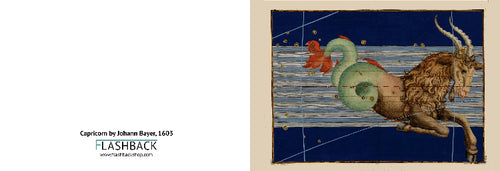 A product listing image for a 'Flashback' art print featuring Johann Bayer's 1605 painting of the Capricorn zodiac. The layout is split, with the left side displaying the text 'Capricorn by Johann Bayer, 1605 FLASHBACK' on a white background, and the right side showing the square art print itself with a beige border, depicting a capricorn ram against a deep blue starry background with a green serpent.