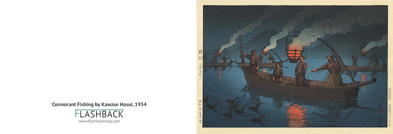 Postal de Kawase Hasui, 1954, pesca con cormoranes