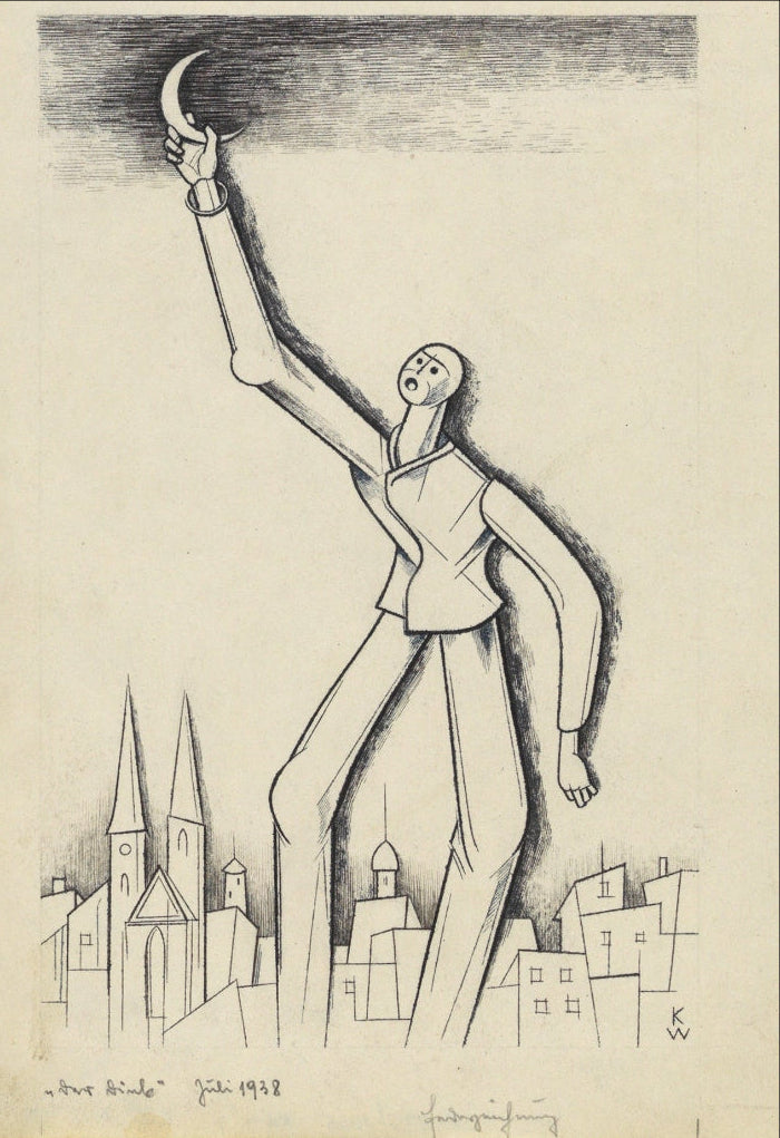 A split image showing a black-and-white sketch of a figure on a beige paper background on the right, and a white panel on the left with the text 'Der Dieb by Karl Wiener' and 'FLASHBACK' plus a website. The artwork appears to be the product being sold.