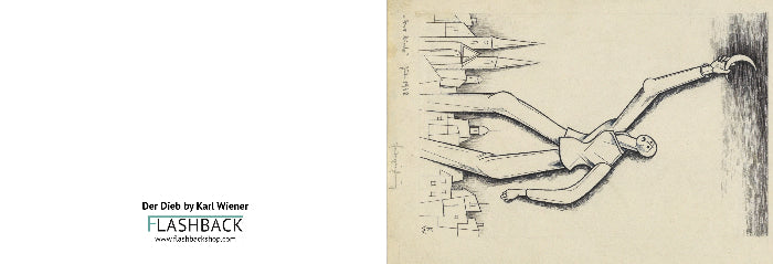 A split image showing a black-and-white sketch of a figure on a beige paper background on the right, and a white panel on the left with the text 'Der Dieb by Karl Wiener' and 'FLASHBACK' plus a website. The artwork appears to be the product being sold.