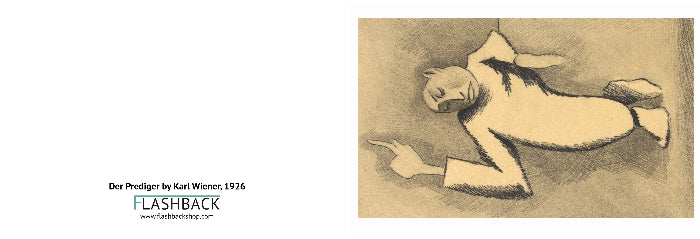 A sepia-toned artwork on the right shows a stylized figure lying on its side, while the left side contains text reading 'Der Prediger by Karl Wiener, 1926' and 'FLASHBACK' with a website. This is not a clean product shot, and the depicted scene/artwork itself appears to be the item being shown, so Scenery fits better than Product/Packaging or Lifestyle.