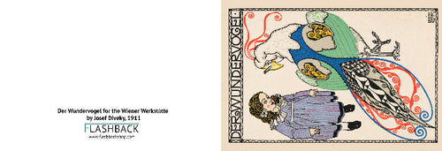 Decorative illustration with a king and a woman, featuring the text 'Der Wunder Vogel' and 'Flashback'.