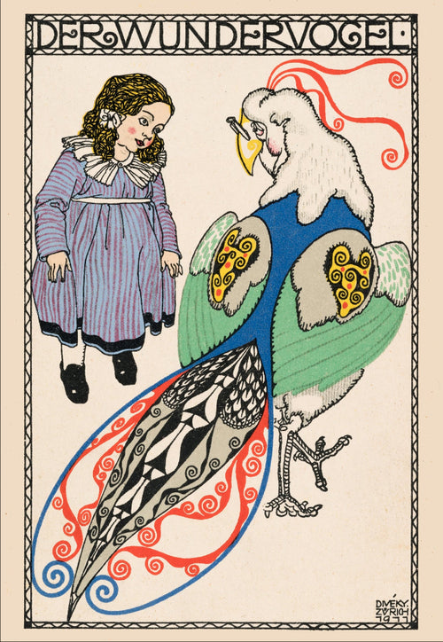 Decorative illustration with a king and a woman, featuring the text 'Der Wunder Vogel' and 'Flashback'.