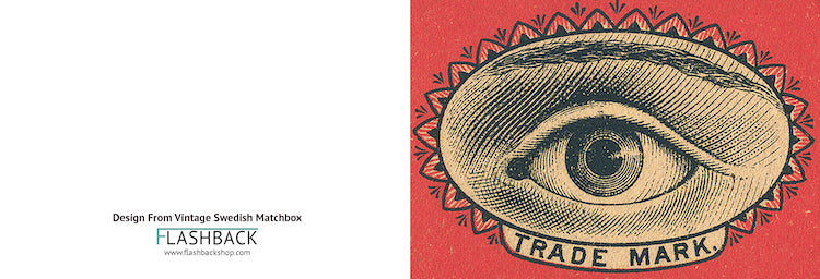Postal con el ojo de una caja de cerillas sueca vintage