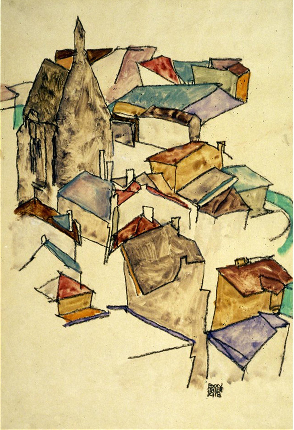 Egon Schiele Landscape Rooftops, 1918 - postcard