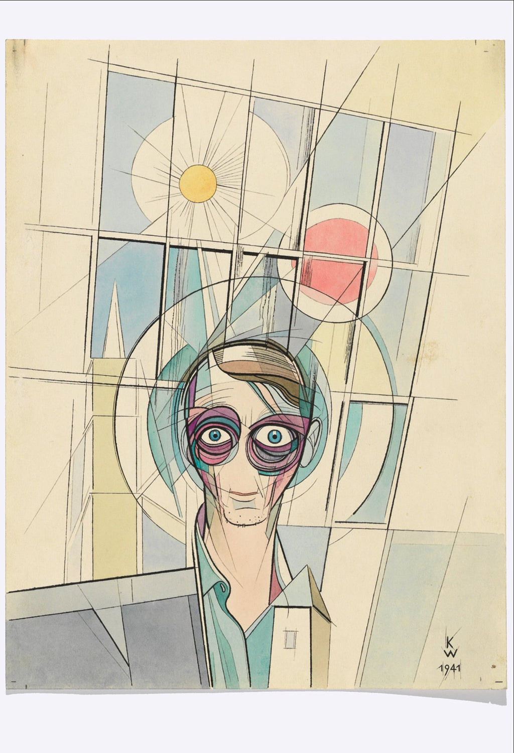 A framed art print or poster showing an abstract self-portrait with a stylized face and geometric lines, displayed beside a large white margin containing text that reads 'Euphoric (self-portrait) by Karl Wiener, 1941' and 'FLASHBACK'.