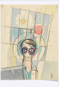 A framed art print or poster showing an abstract self-portrait with a stylized face and geometric lines, displayed beside a large white margin containing text that reads 'Euphoric (self-portrait) by Karl Wiener, 1941' and 'FLASHBACK'.