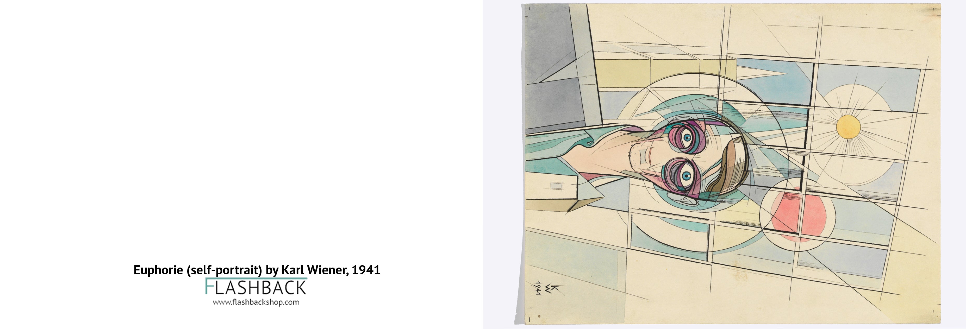A framed art print or poster showing an abstract self-portrait with a stylized face and geometric lines, displayed beside a large white margin containing text that reads 'Euphoric (self-portrait) by Karl Wiener, 1941' and 'FLASHBACK'.