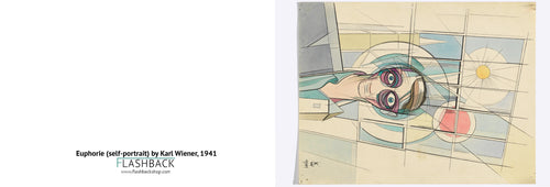 A framed art print or poster showing an abstract self-portrait with a stylized face and geometric lines, displayed beside a large white margin containing text that reads 'Euphoric (self-portrait) by Karl Wiener, 1941' and 'FLASHBACK'.