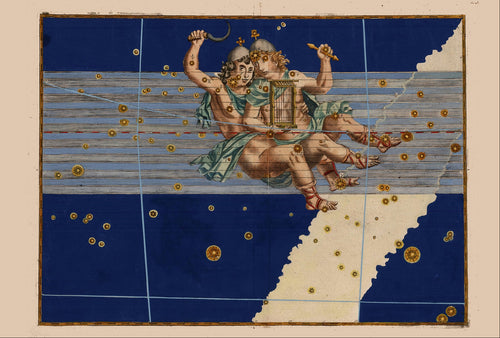 A vintage-style art print or poster featuring a celestial scene with cherubs on a blue and cream background, shown alongside text reading 'Gemini by Johann Bayer, 1603' and 'FLASHBACK'.