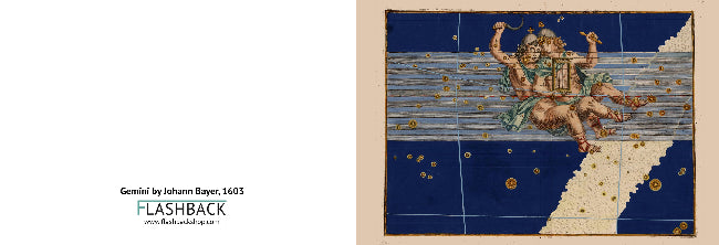 A vintage-style art print or poster featuring a celestial scene with cherubs on a blue and cream background, shown alongside text reading 'Gemini by Johann Bayer, 1603' and 'FLASHBACK'.