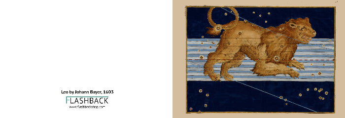 A framed art print featuring a golden lion constellation illustration on a dark blue striped background, shown beside text reading 'Leo by Johann Bayer, 1603 FLASHBACK' on a white page.