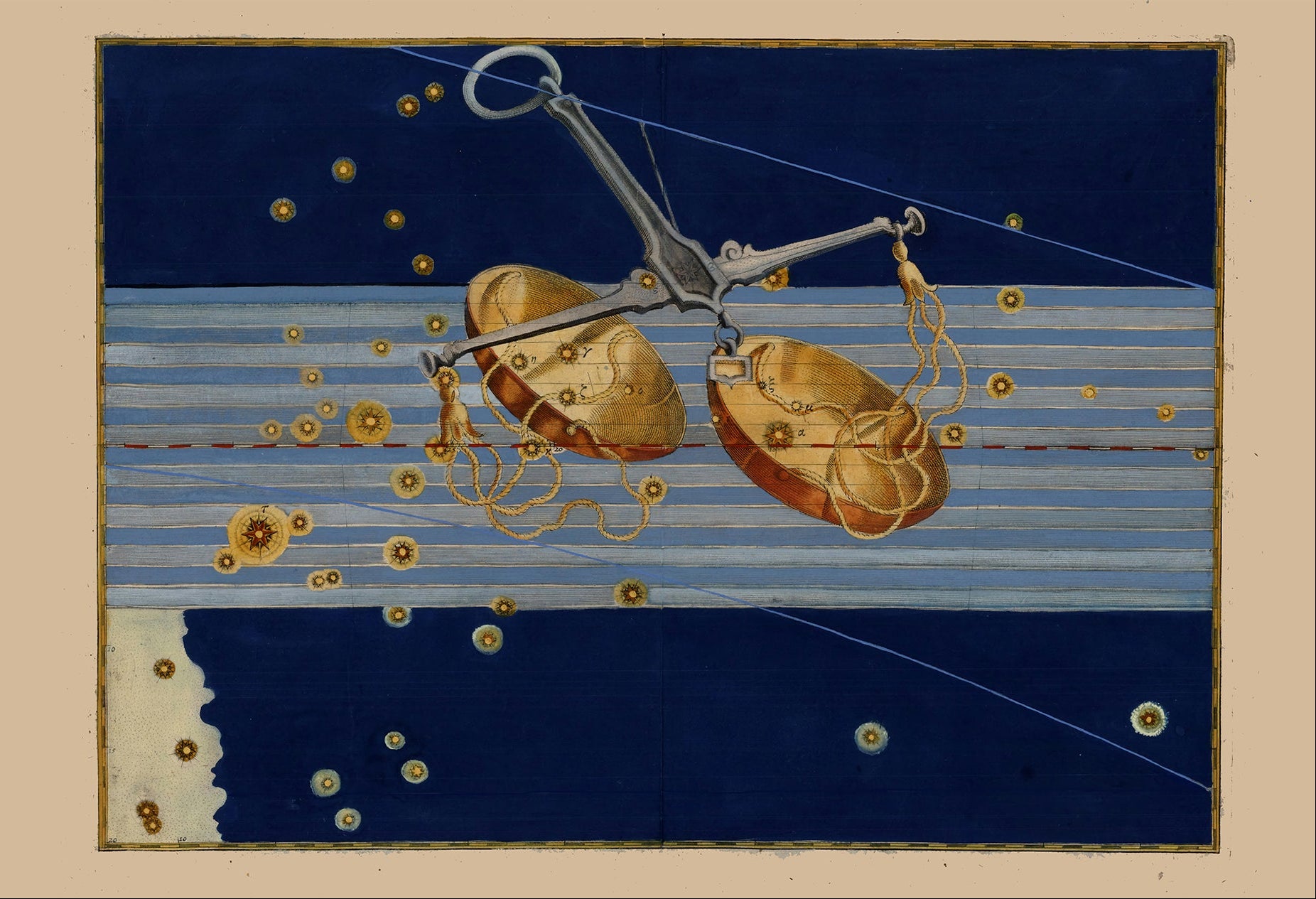A book cover or catalog page featuring a reproduction of Johann Bayer's 1603 painting 'Libra'. The left side has a white background with the title 'Libra by Johann Bayer, 1603' and 'FLASHBACK' branding.