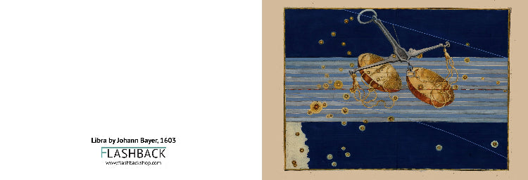 A book cover or catalog page featuring a reproduction of Johann Bayer's 1603 painting 'Libra'. The left side has a white background with the title 'Libra by Johann Bayer, 1603' and 'FLASHBACK' branding.