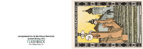 Illustration of a man in a suit walking up a staircase with text 'Laingrennenkarte fur die Wiener Werkstatte by Josef Olczyk, 1911'.