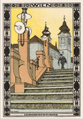 Illustration of a man in a suit walking up a staircase with text 'Laingrennenkarte fur die Wiener Werkstatte by Josef Olczyk, 1911'.