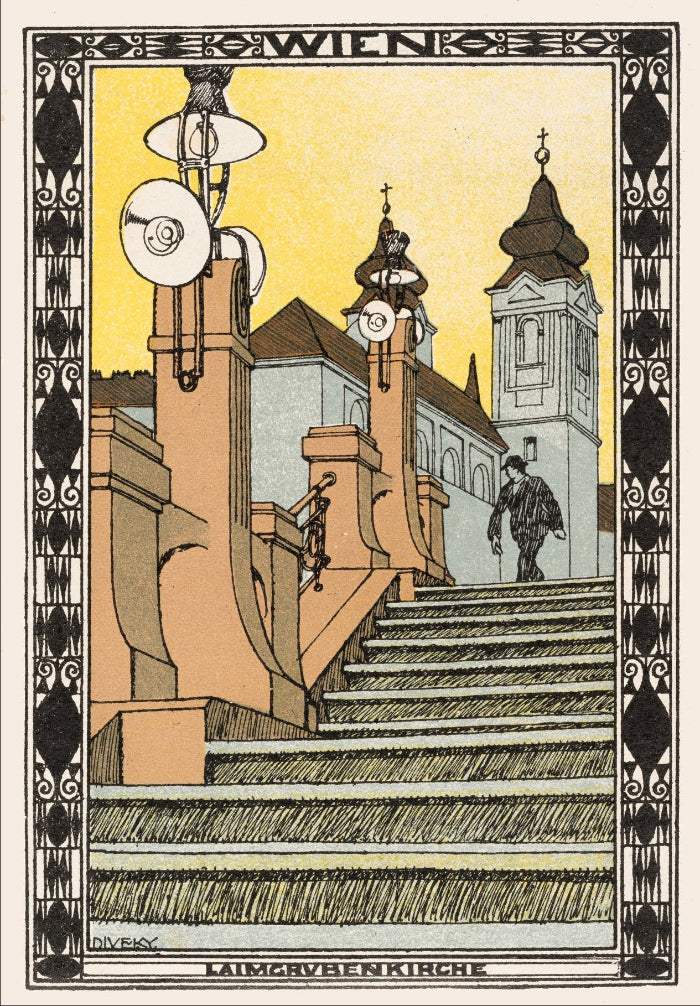 Illustration of a man in a suit walking up a staircase with text 'Laingrennenkarte fur die Wiener Werkstatte by Josef Olczyk, 1911'.