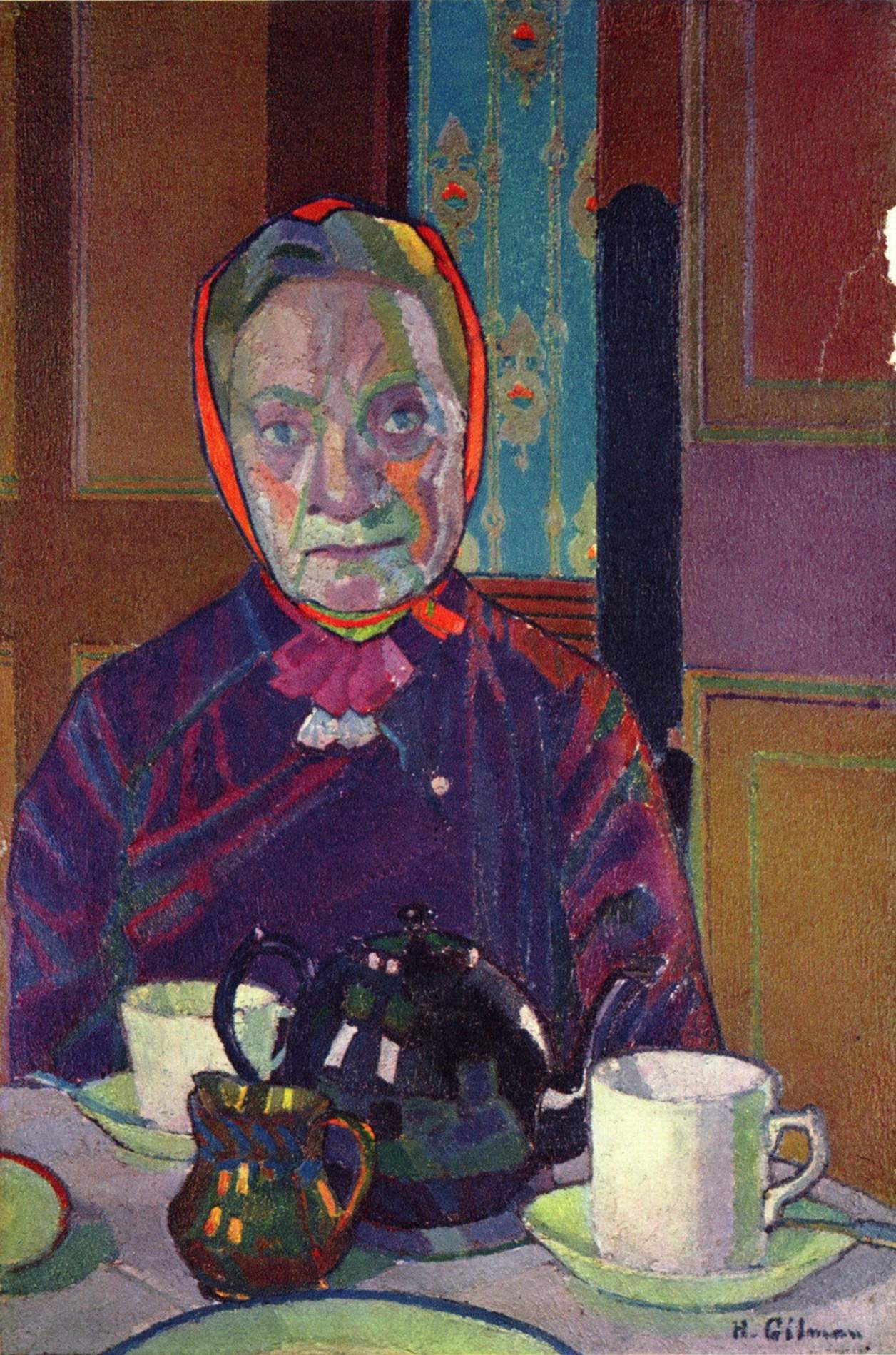 La señora Mounter en la mesa del desayuno, 1917 - Postal