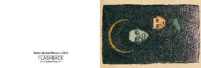 A square art print or poster shown on a white page-like background, featuring a dark abstract composition with two stylized faces and a yellow crescent. Text at lower left reads 'Mutter by Karl Wiener c.
