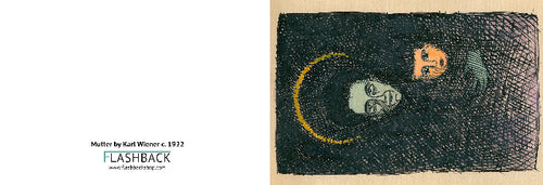 A square art print or poster shown on a white page-like background, featuring a dark abstract composition with two stylized faces and a yellow crescent. Text at lower left reads 'Mutter by Karl Wiener c.