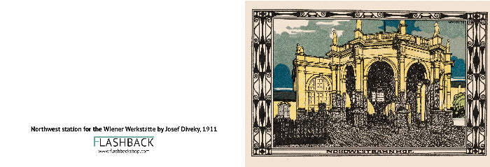 Artistic depiction of a Northwest station for the Wiener Werkstätte with decorative border, 1911.