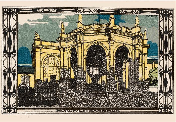 Artistic depiction of a Northwest station for the Wiener Werkstätte with decorative border, 1911.
