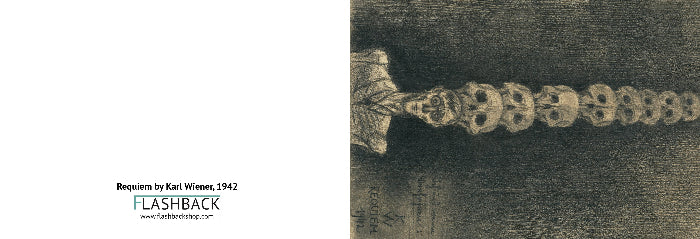 A monochrome artwork print showing a row of human skulls aligned along a dark textured background, with a white margin on the left containing the text 'Requiem by Karl Wiener, 1942' and a 'FLASHBACK' logo.