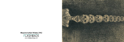 A monochrome artwork print showing a row of human skulls aligned along a dark textured background, with a white margin on the left containing the text 'Requiem by Karl Wiener, 1942' and a 'FLASHBACK' logo.