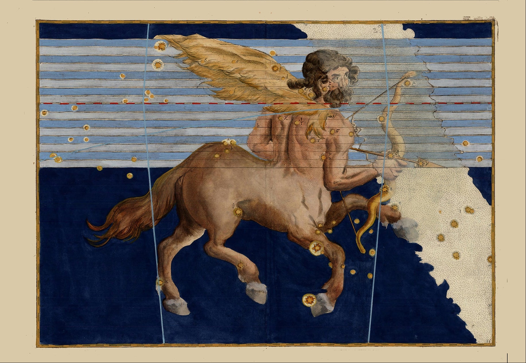 A vintage-style art print or poster featuring a winged horse (Pegasus) with gold stars against a deep blue background, shown alongside text reading 'Sagittarius by Johann Bayer, 1603' and 'FLASHBACK'. The composition is split with a large white area on the left and the artwork on the right, framed by a beige border.