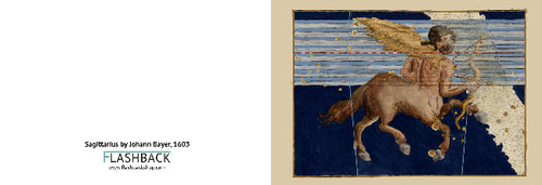 A vintage-style art print or poster featuring a winged horse (Pegasus) with gold stars against a deep blue background, shown alongside text reading 'Sagittarius by Johann Bayer, 1603' and 'FLASHBACK'. The composition is split with a large white area on the left and the artwork on the right, framed by a beige border.